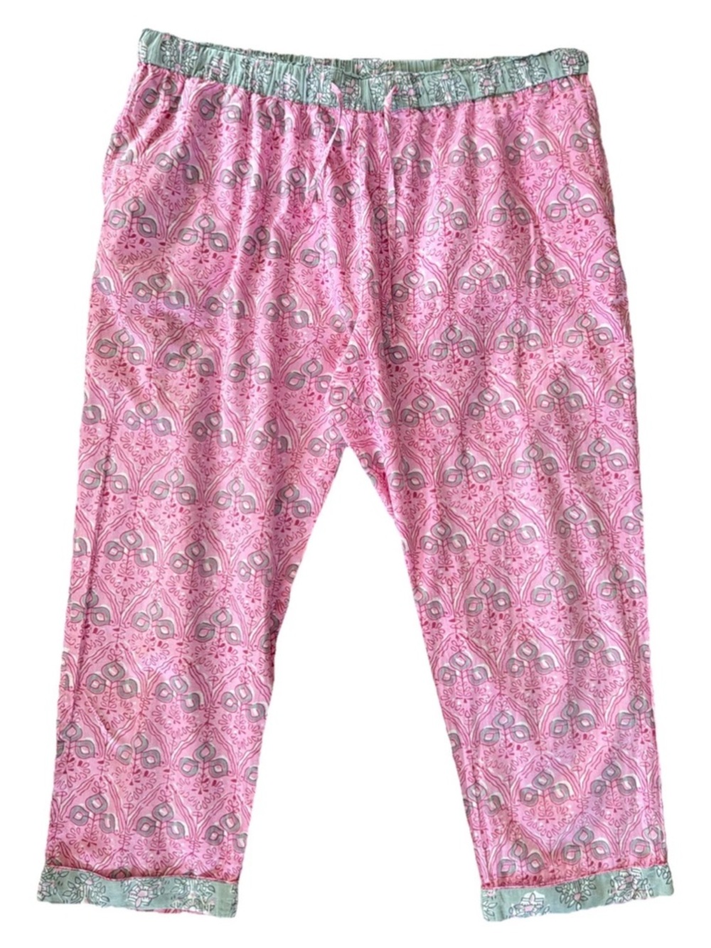 Sundance Leia Relaxed Fit Drawstring Pants Pink Size L Pockets Block Print Crop